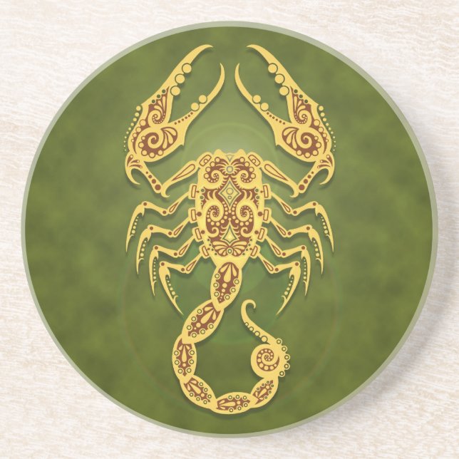 Intricate Green Tribal Scorpio Drink Coaster (Front)
