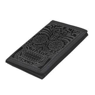 Intricate Grey and Black Sugar Skull Tri-fold Wallet