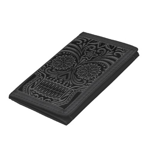 Intricate Grey and Black Sugar Skull Tri_fold Wallet