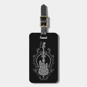 Intricate Grey Bass Guitar Design On Black Luggage Tag by JeffBartels at Zazzle
