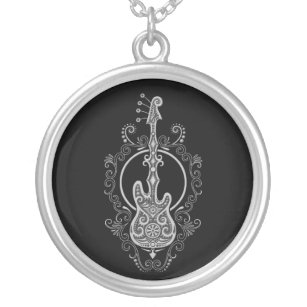 Intricate Grey Bass Guitar Design on Black Silver Plated Necklace
