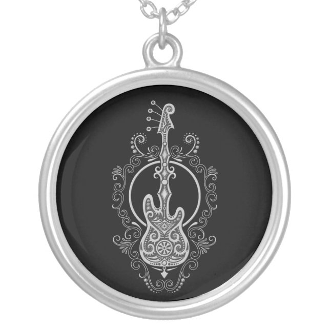Intricate Grey Bass Guitar Design on Black Silver Plated Necklace (Front)
