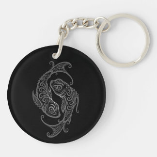 Intricate Grey Pisces Zodiac on Black Keychain