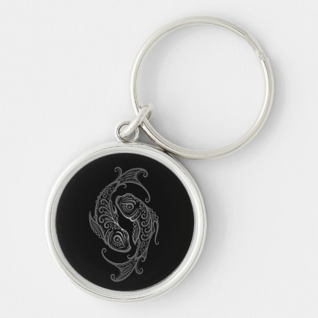 Intricate Grey Pisces Zodiac on Black Keychain (Front)