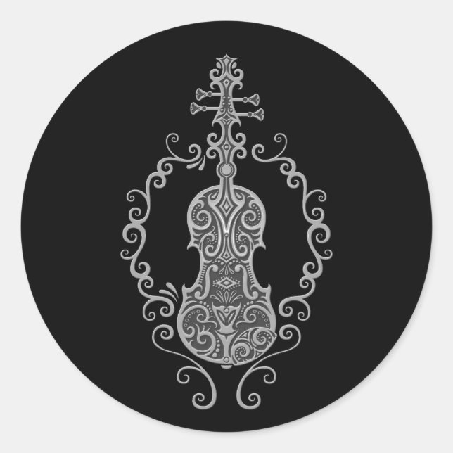 Intricate Grey Violin Design on Black Classic Round Sticker (Front)