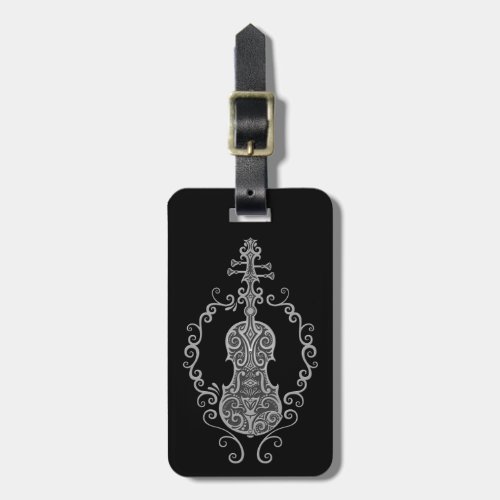 Intricate Grey Violin Design on Black Luggage Tag