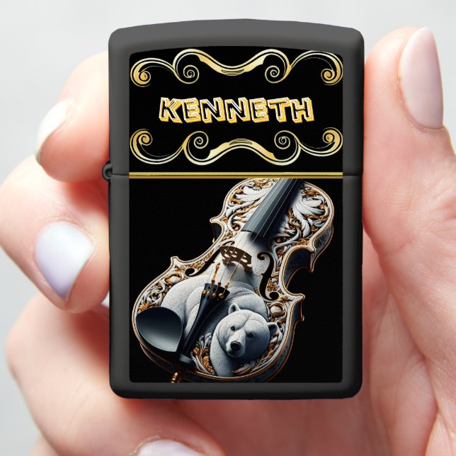 Intricate Grizzly Bear on Acoustic Violin Zippo Lighter (In Hand)