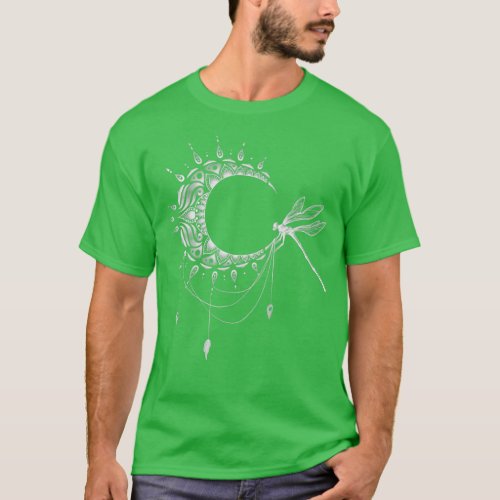 Intricate Half Crescent Moon with Dragonfly Tattoo T_Shirt