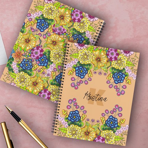 Intricate Hand_Drawn Flowers Name and Initial Notebook