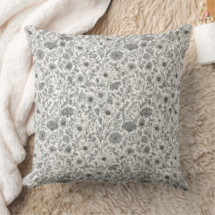 Intricate Hand-Drawn Wildflower Ink Art Throw Pillow