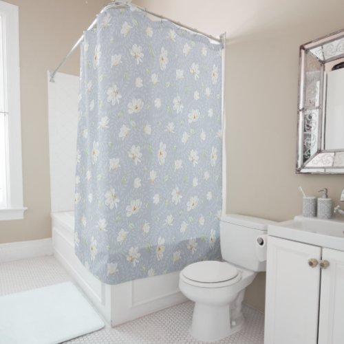 Intricate Hand Painted White Magnolia Dusty Blue Shower Curtain