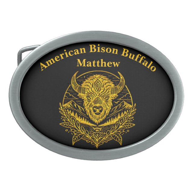 Intricate Illustration of a Gold Bison in Nature Belt Buckle (Front)