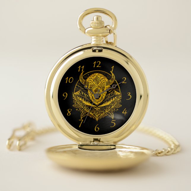 Intricate Illustration of a Gold Bison in Nature Pocket Watch (Inside)