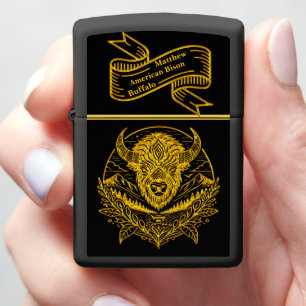 Intricate Illustration of a Gold Bison in Nature Zippo Lighter