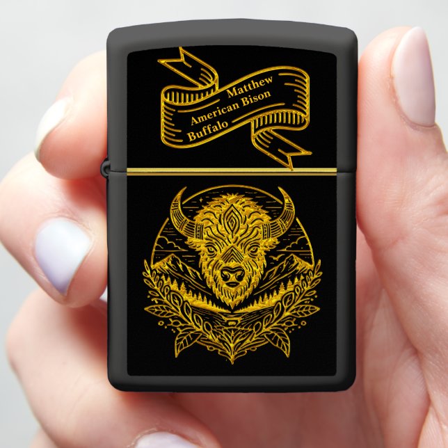 Intricate Illustration of a Gold Bison in Nature Zippo Lighter (In Hand)