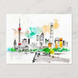 intricate ink artwork Shanghai Skyline at The Bund Postcard