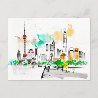 intricate ink artwork Shanghai Skyline at The Bund Postcard