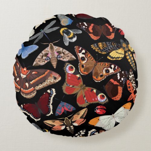 Intricate Insects Seamless Natural Pattern Round Pillow