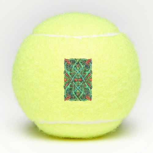Intricate Irish Celtic Knot Red Dragon Heads Green Tennis Balls