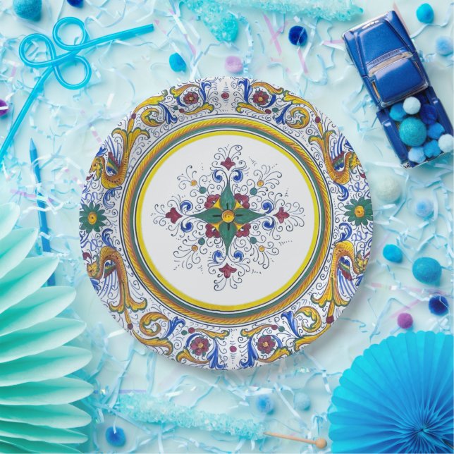 Intricate Italian Deruta Motif Floral Pattern Paper Plates (Party)