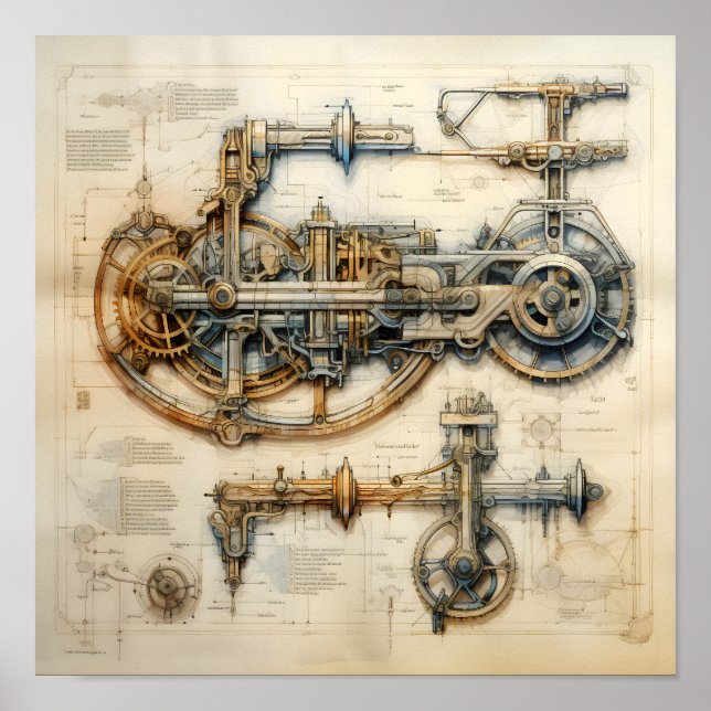Intricate Machine Blueprint Poster (Front)