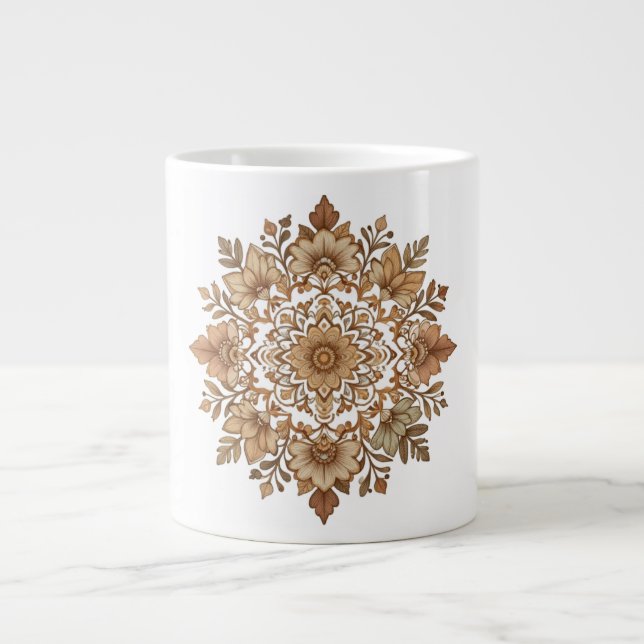 Intricate Mandala Floral Brown Tones Art Giant Coffee Mug (Front)