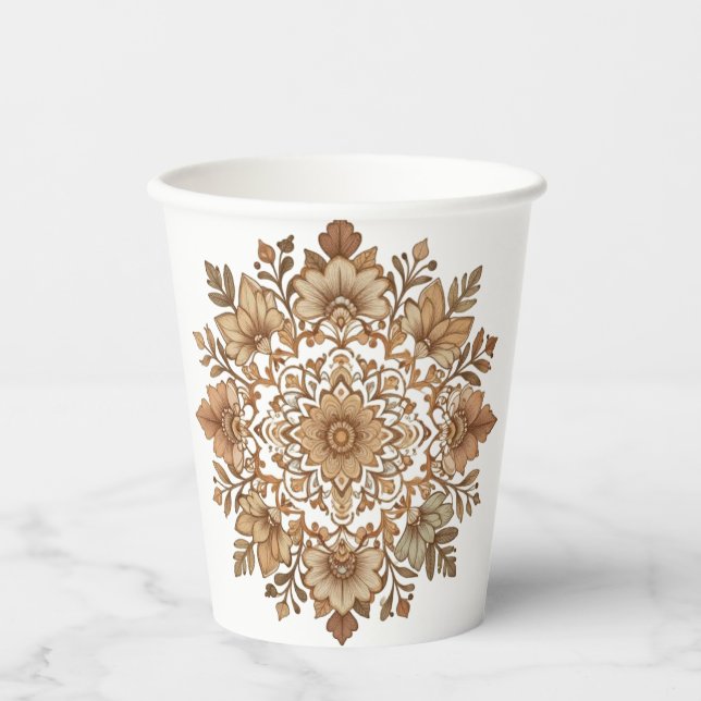 Intricate Mandala Floral Brown Tones Art Paper Cups (Front)