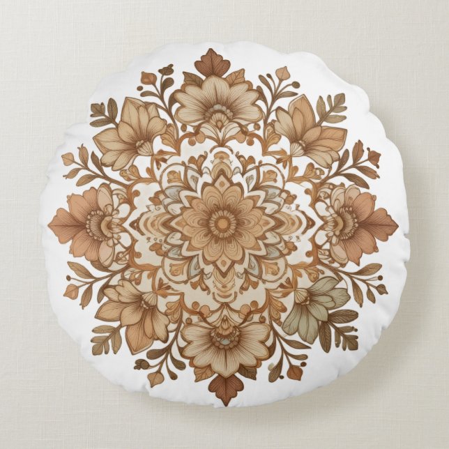 Intricate Mandala Floral Brown Tones Art Round Pillow (Front)