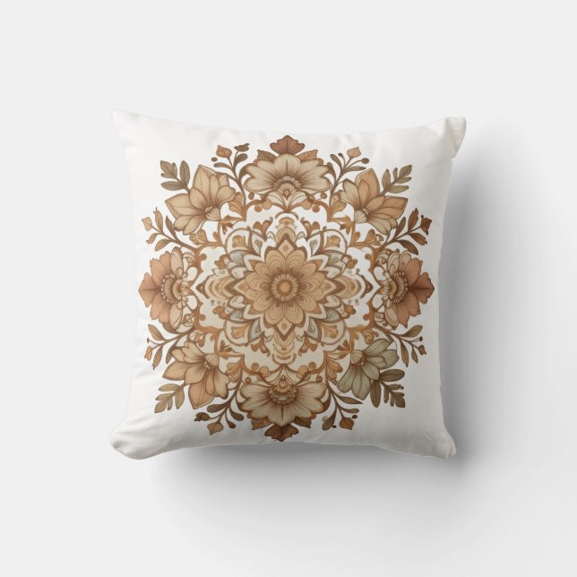 Intricate Mandala Floral Brown Tones Art Throw Pillow (Front)