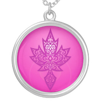 Intricate Maple Leaf - deep pink Silver Plated Necklace
