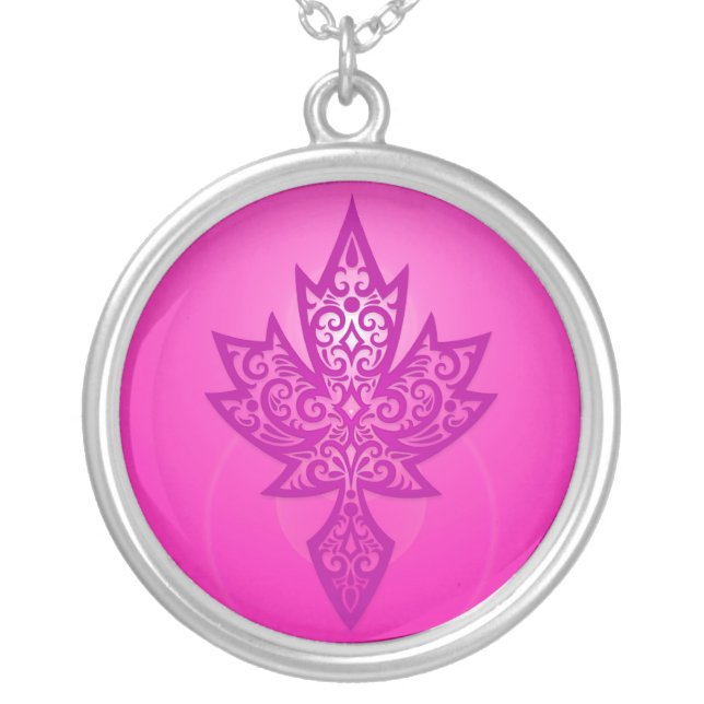 Intricate Maple Leaf - deep pink Silver Plated Necklace (Front)