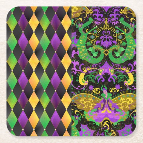 Intricate Mardi Gras Colors Dragon Diamond Square Paper Coaster