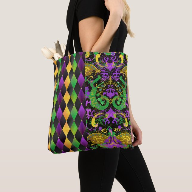 Intricate Mardi Gras Colors Dragon, Diamond Tote Bag (Close Up)