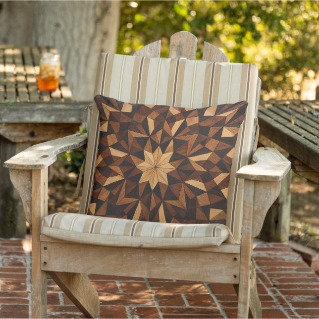 "Intricate Marquetry Geometric Wood Throw Pillow" Outdoor Pillow (Chair)