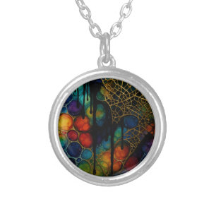 Intricate Multi-Layered Alcohol Ink Pattern Silver Plated Necklace