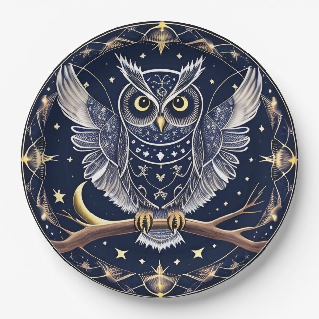 Intricate Night Owl Illustration Paper Plates (Front)