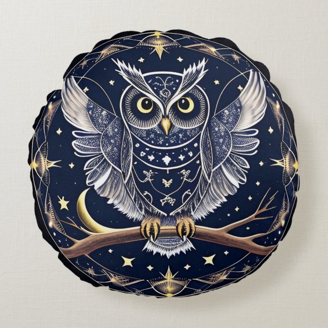 Intricate Night Owl Illustration Round Pillow (Front)