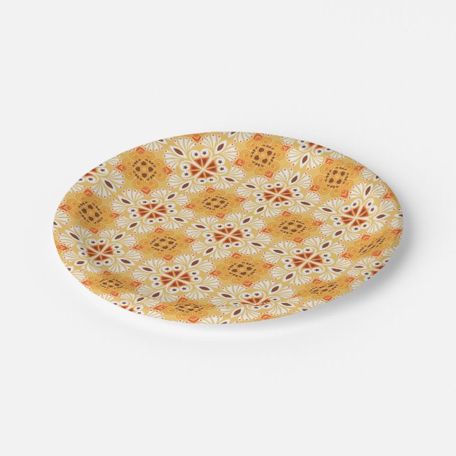 Intricate orange and brown geometric pattern paper plates (Angled)