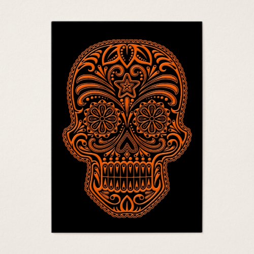 Intricate Orange Sugar Skull on Black Business Card Template