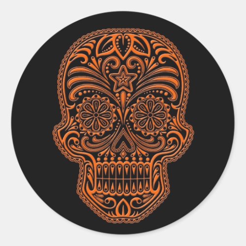 Intricate Orange Sugar Skull on Black Classic Round Sticker