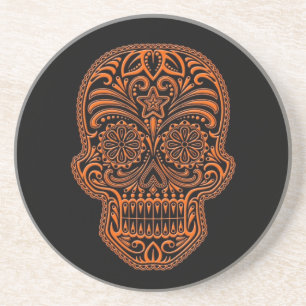 Intricate Orange Sugar Skull on Black Drink Coaster
