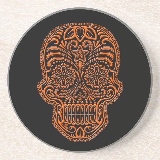Intricate Orange Sugar Skull on Black Drink Coaster (Front)