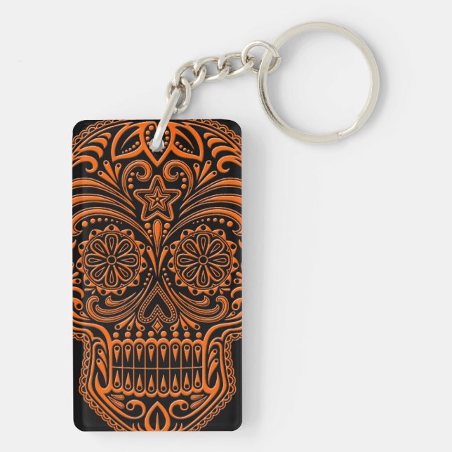 Intricate Orange Sugar Skull on Black Keychain (Back)