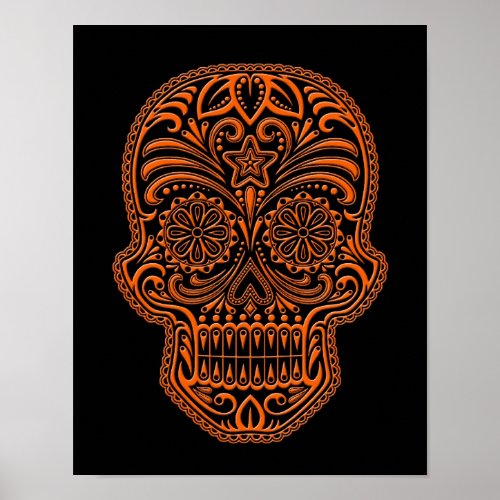 Intricate Orange Sugar Skull on Black Poster