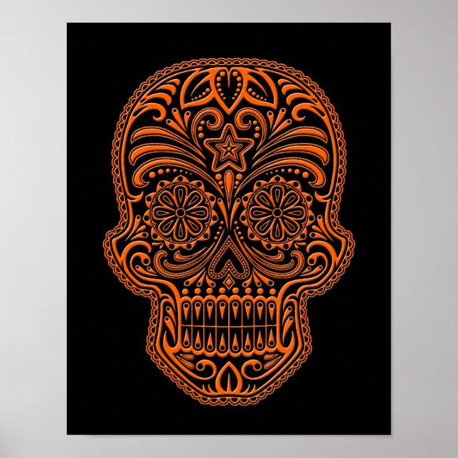 Intricate Orange Sugar Skull on Black Poster (Front)