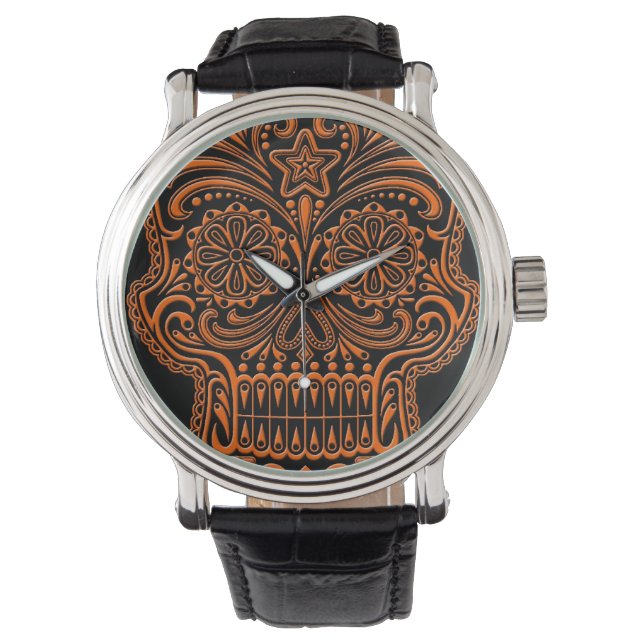 Intricate Orange Sugar Skull on Black Watch (Front)
