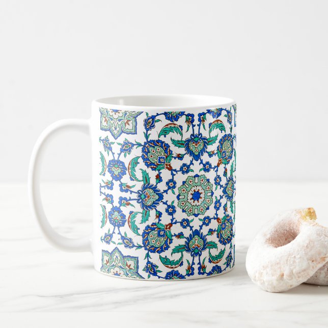 Intricate Ottoman Turkiye Iznik Floral Pattern  Coffee Mug (With Donut)