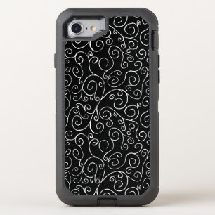 Intricate Painted White Curvy Pattern on Black OtterBox Defender iPhone SE/8/7 Case