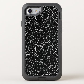 Intricate Painted White Curvy Pattern on Black OtterBox Defender iPhone SE/8/7 Case