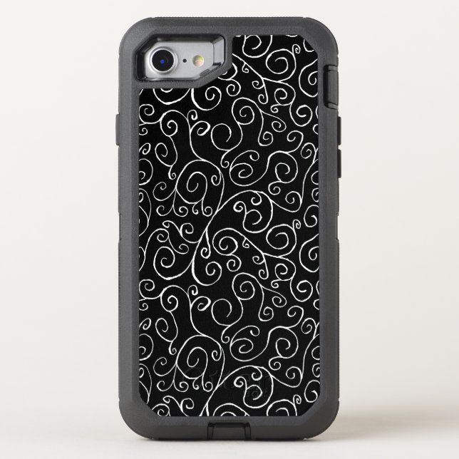 Intricate Painted White Curvy Pattern on Black Otterbox iPhone Case (Back)